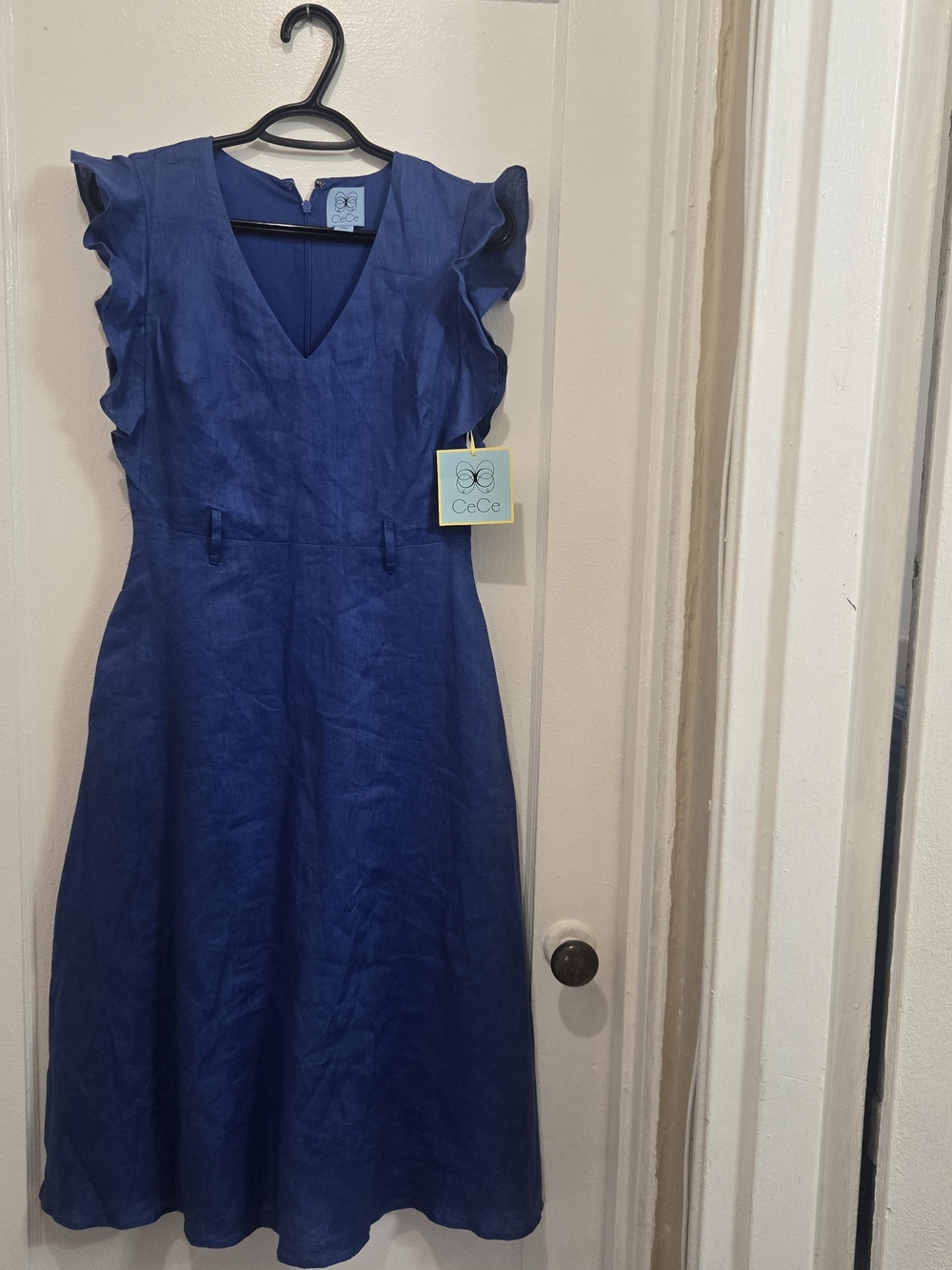 CeCe Royal Blue Ruffled Sleeve V-Neck Dress